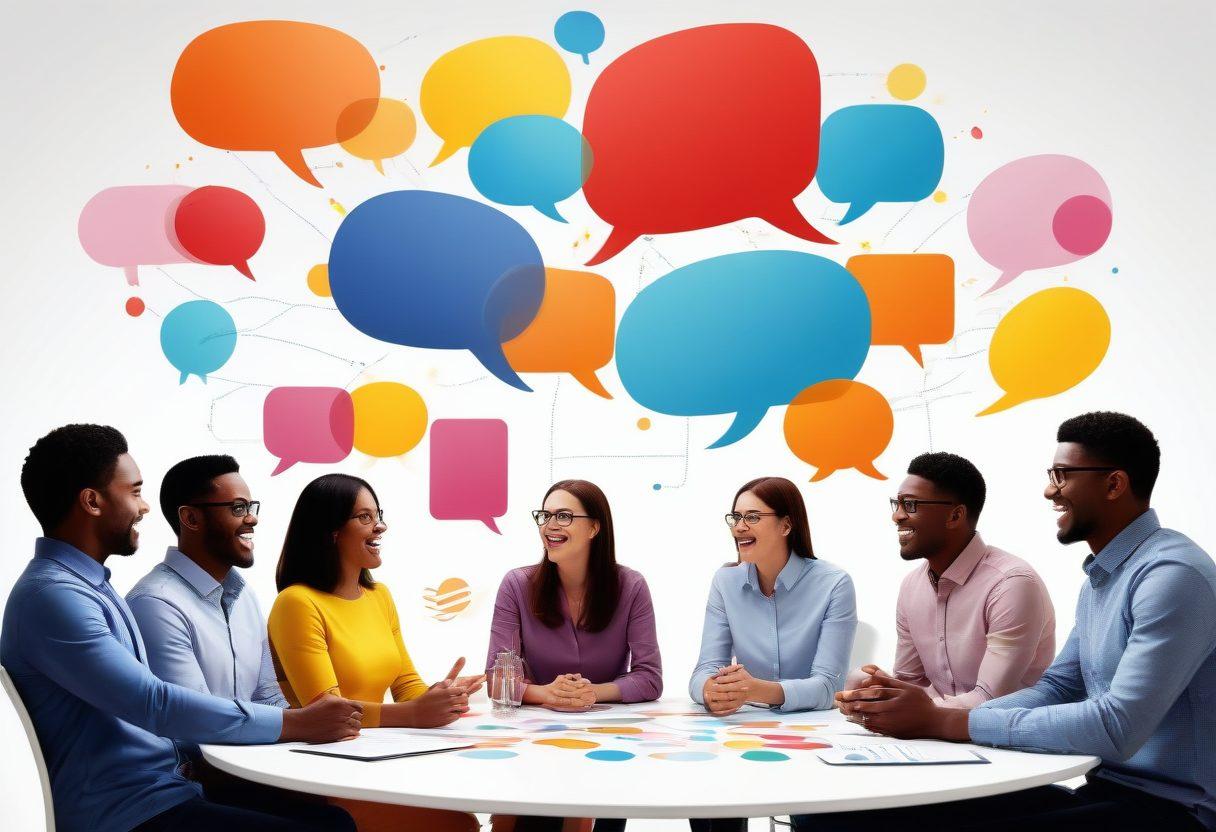 A lively scene depicting a diverse group of individuals engaging in a vibrant discussion, with colorful speech bubbles representing ideas and strategies floating around them. A backdrop of a digital landscape filled with dynamic graphs and social media icons, symbolizing audience growth. The atmosphere is energetic and inspiring, showcasing teamwork and creativity. super-realistic. vibrant colors. white background.