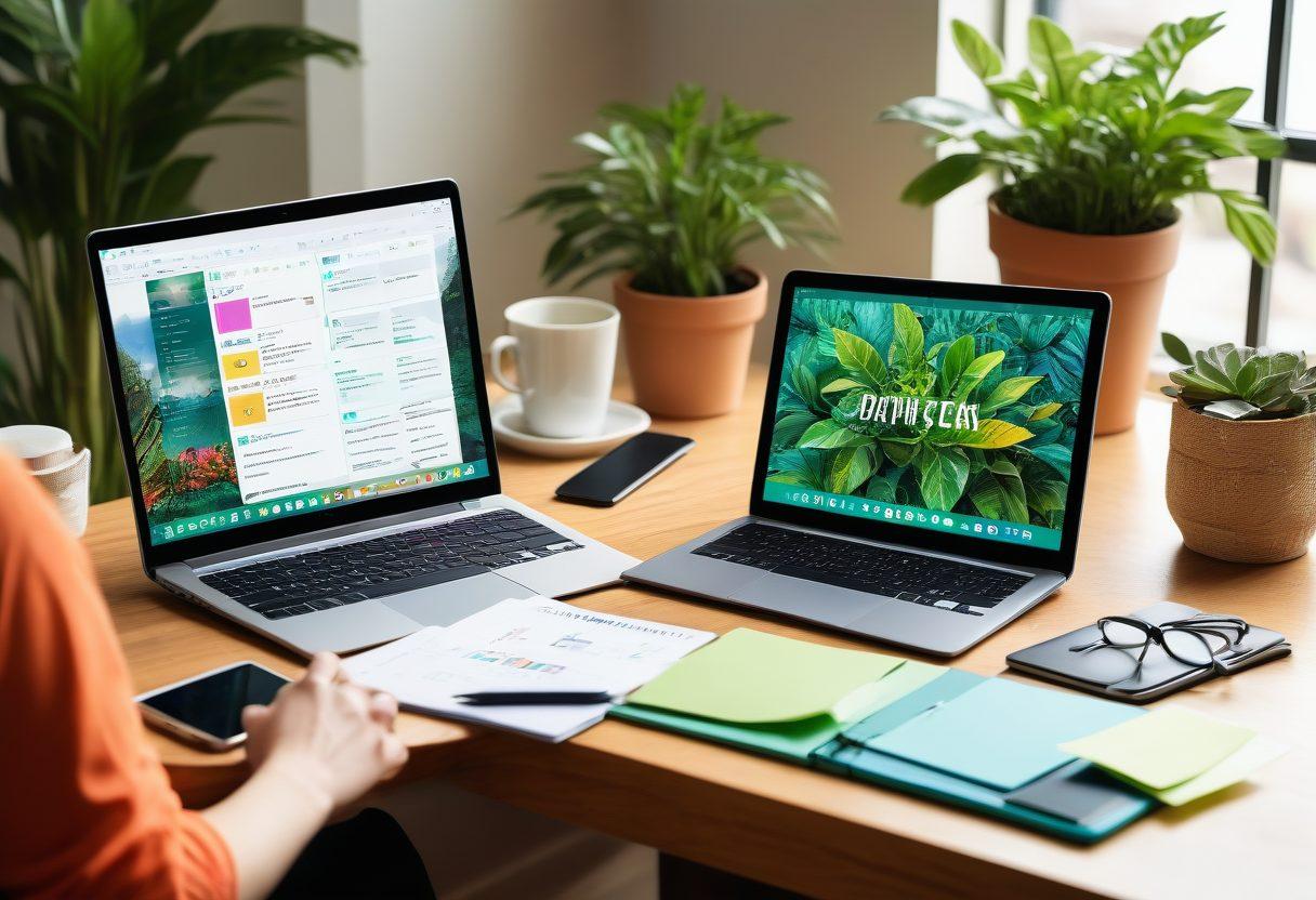 A visually engaging workspace featuring a laptop open to a blog editor with vibrant text and graphics, surrounded by notes and a steaming coffee cup. Include elements like a planner, colorful sticky notes, and a plant for a cozy vibe. In the background, a diverse group of people engaging with content on tablets and phones, representing audience engagement. bright colors. super-realistic. cozy atmosphere.