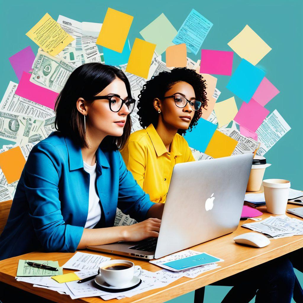 A split-screen illustration showing a blogger at a desk with a laptop, on one side brainstorming ideas with colorful sticky notes and coffee cups, and on the other side, the same blogger celebrating as dollar bills rain down, symbolizing monetization. The background is filled with subtle hints of website themes and analytics charts. super-realistic. vibrant colors. white background.